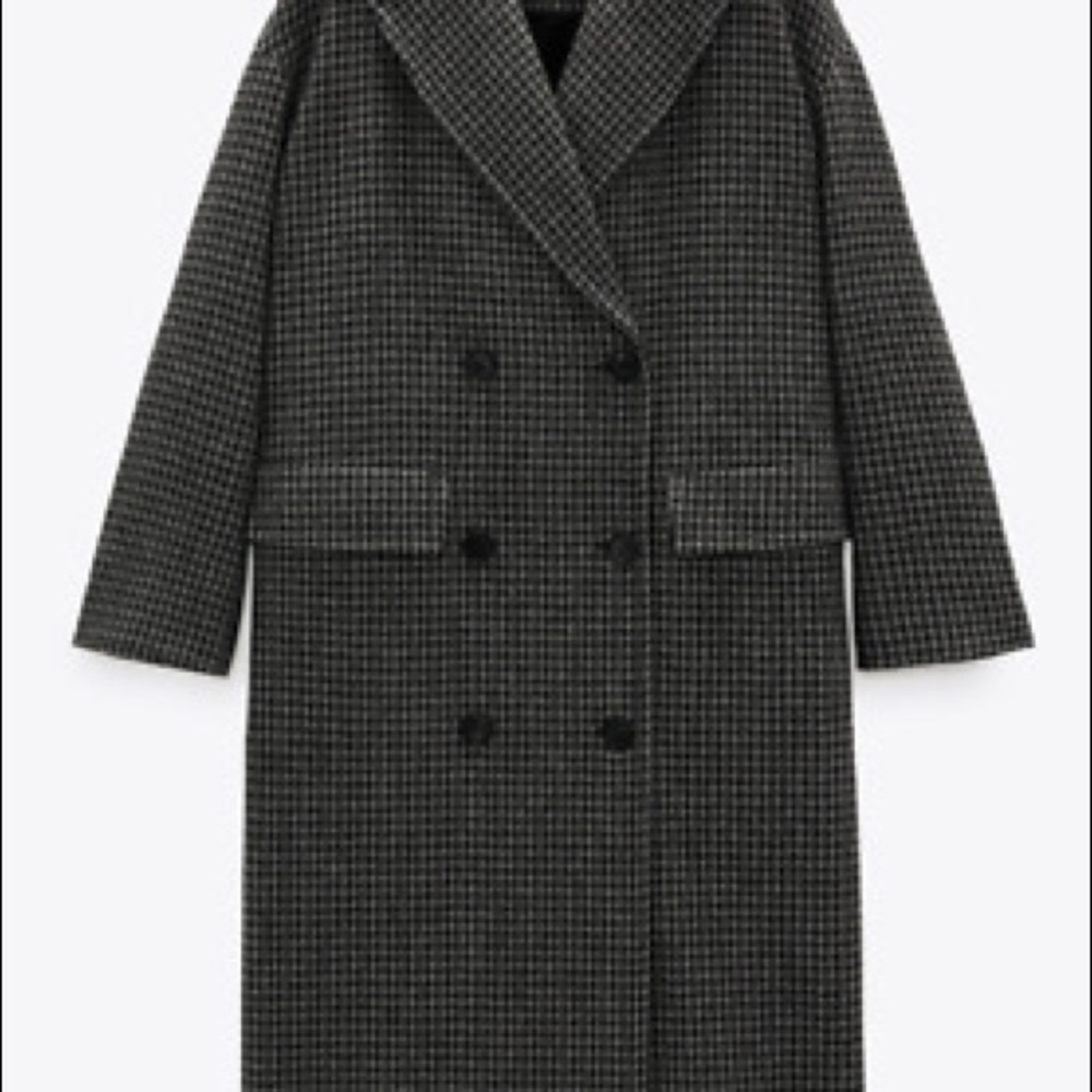 Zara Black & Gray Houndstooth Double-Breasted Trench Coat